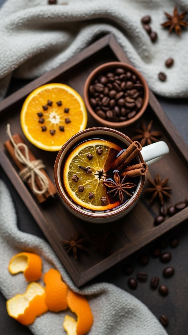 Spiced orange coffee blend in rustic mug with clove-studded orange slice and star anise on dark wooden tray