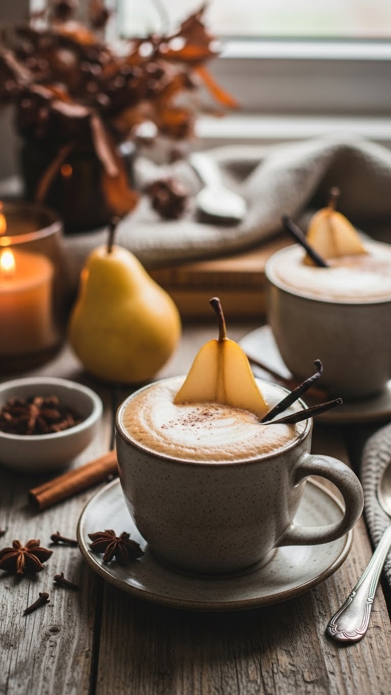 Spiced pear and vanilla coffee in rustic mug with poached pear slice and vanilla bean on wooden table