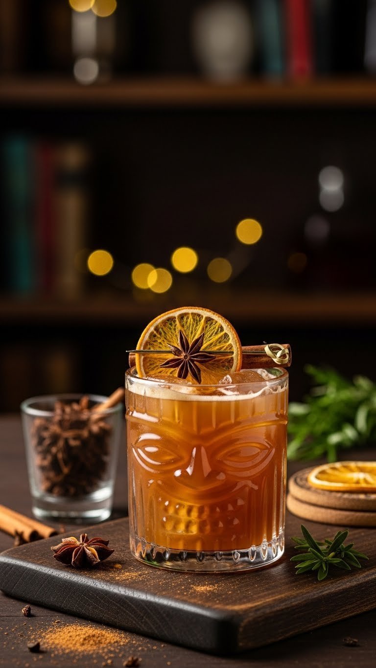 Zombie Drink Ideas: 7 Ultimate Recipes for Any Party 10 Spiced rum zombie twist in rustic tiki mug with cinnamon stick and star anise garnish on dark wooden board