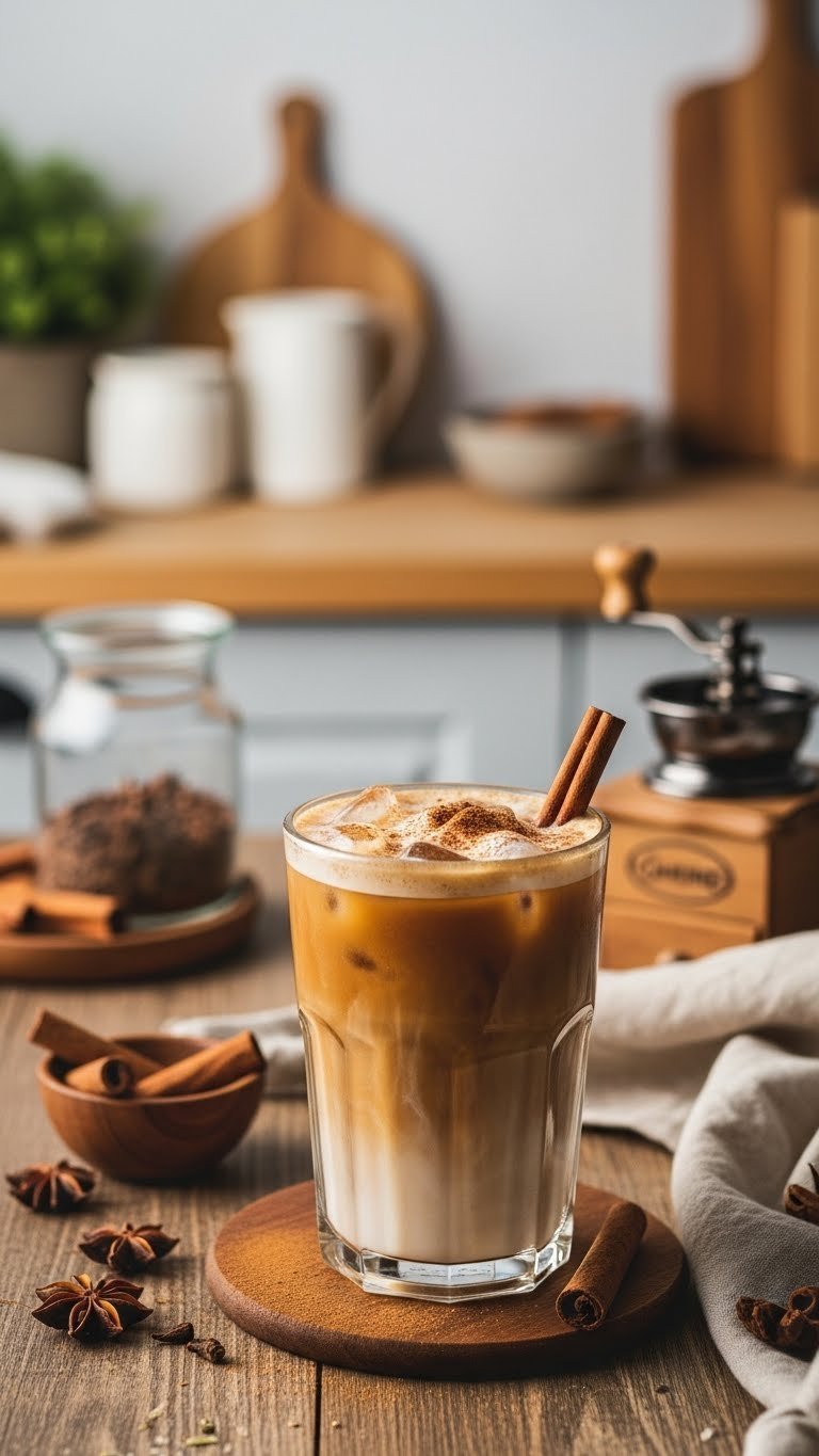 Master 7 Iced Coffee Flavors at Home: Barista Secrets 13 Spicy cinnamon iced coffee with cinnamon stick submerged and frothy milk topping on rustic wooden kitchen table