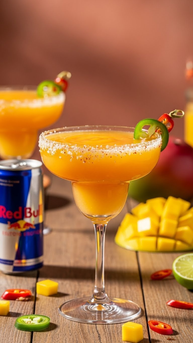 Spicy mango Red Bull margarita in salt-rimmed glass with jalapeño slice on rustic wooden table