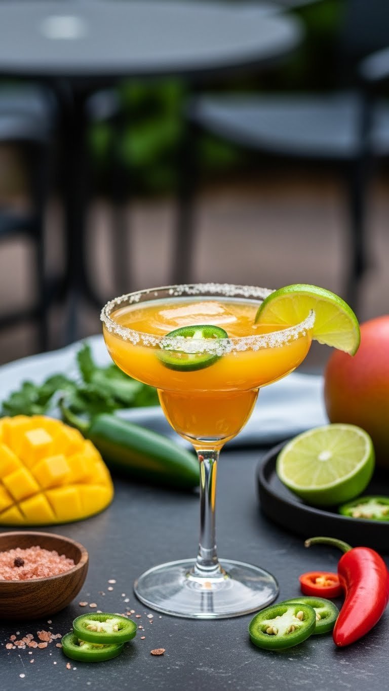 Spicy mango margarita in salt-rimmed coupe glass with jalapeño slices and lime wedge on dark stone surface