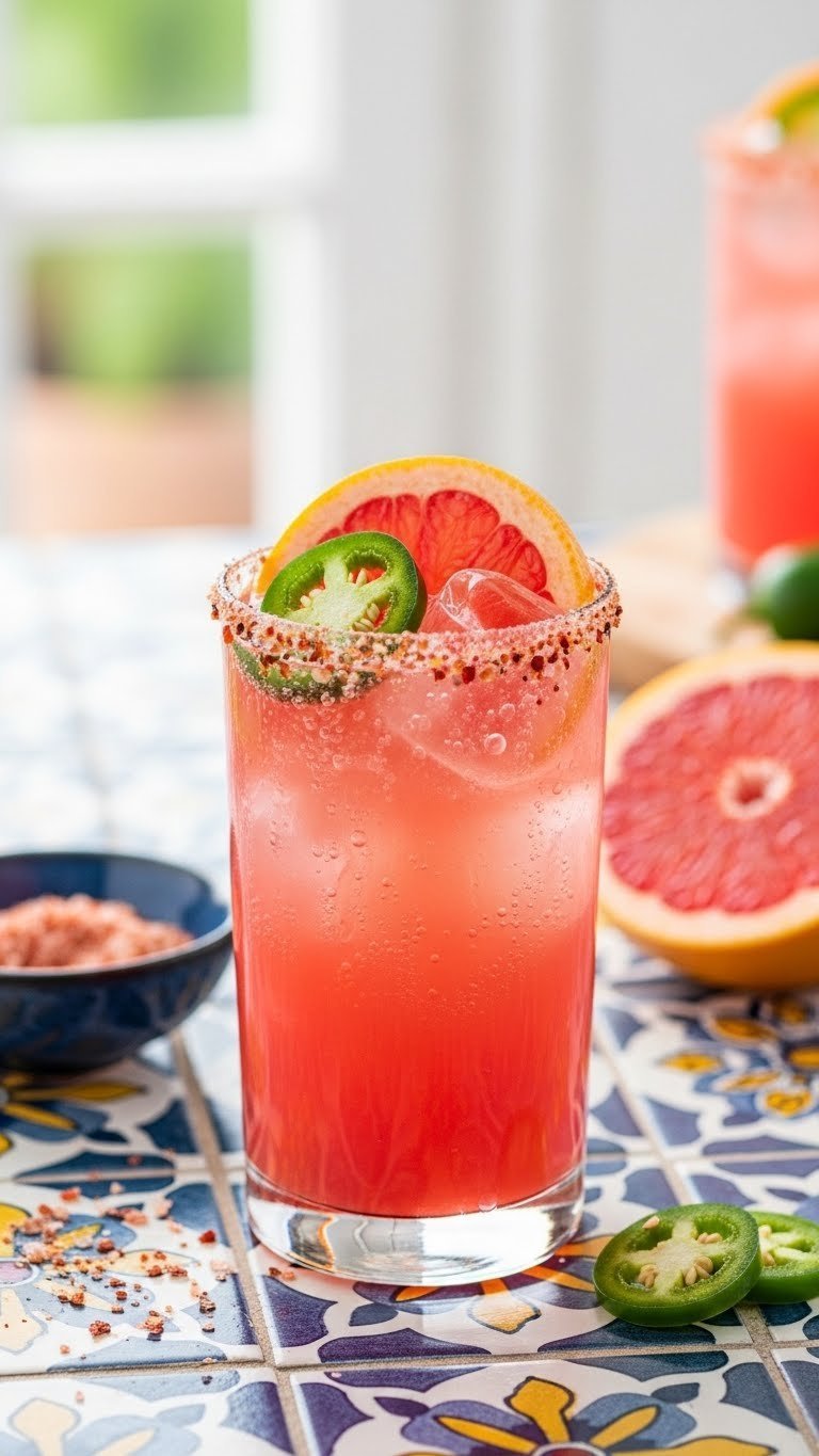 Spicy paloma cocktail with grapefruit slice and jalapeño garnish on patterned Mexican tile surface