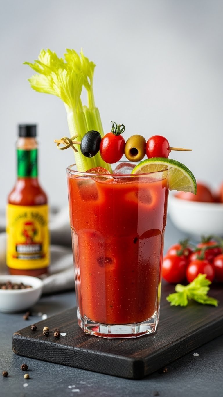 Spicy virgin Bloody Mary mocktail in tall glass with celery stalks, olive skewer and lime wedge garnish.