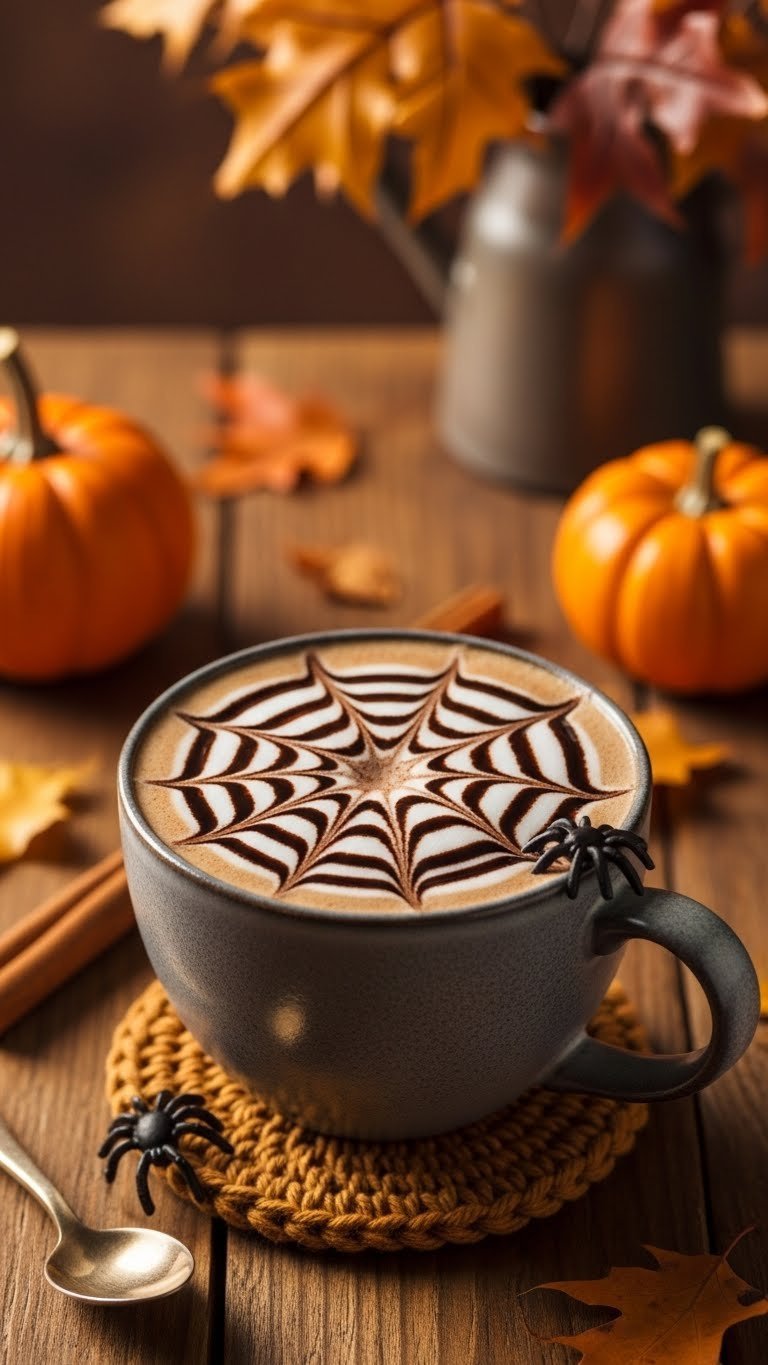 Spiderweb mocha in ceramic mug with chocolate web design and edible spider on rustic wooden table
