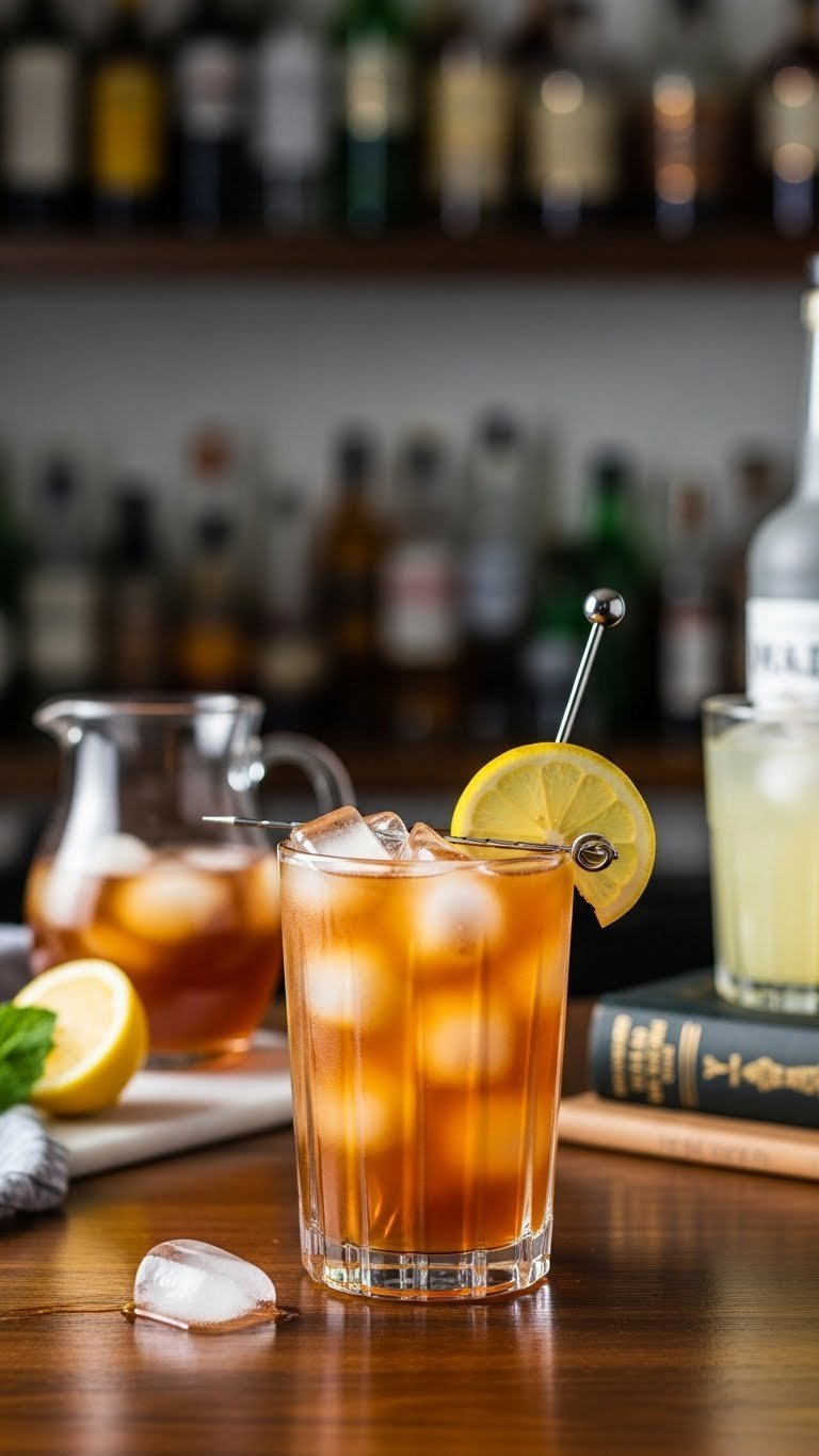 Spiked Arnold Palmer iced tea cocktail with layered tea and lemonade, lemon wedge in highball glass