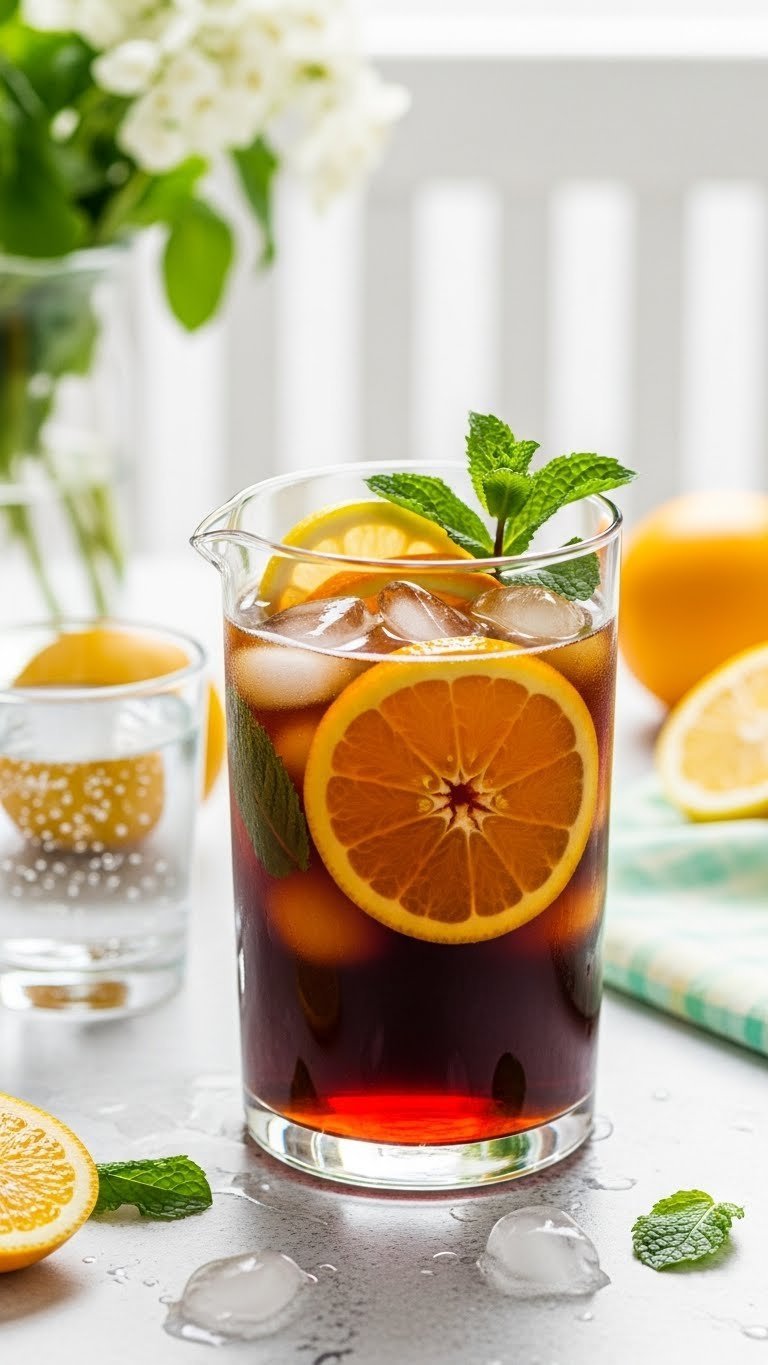 Spring citrus infused cold brew in a glass pitcher with sliced oranges, lemons, and mint sprigs on a white linen tablecloth.