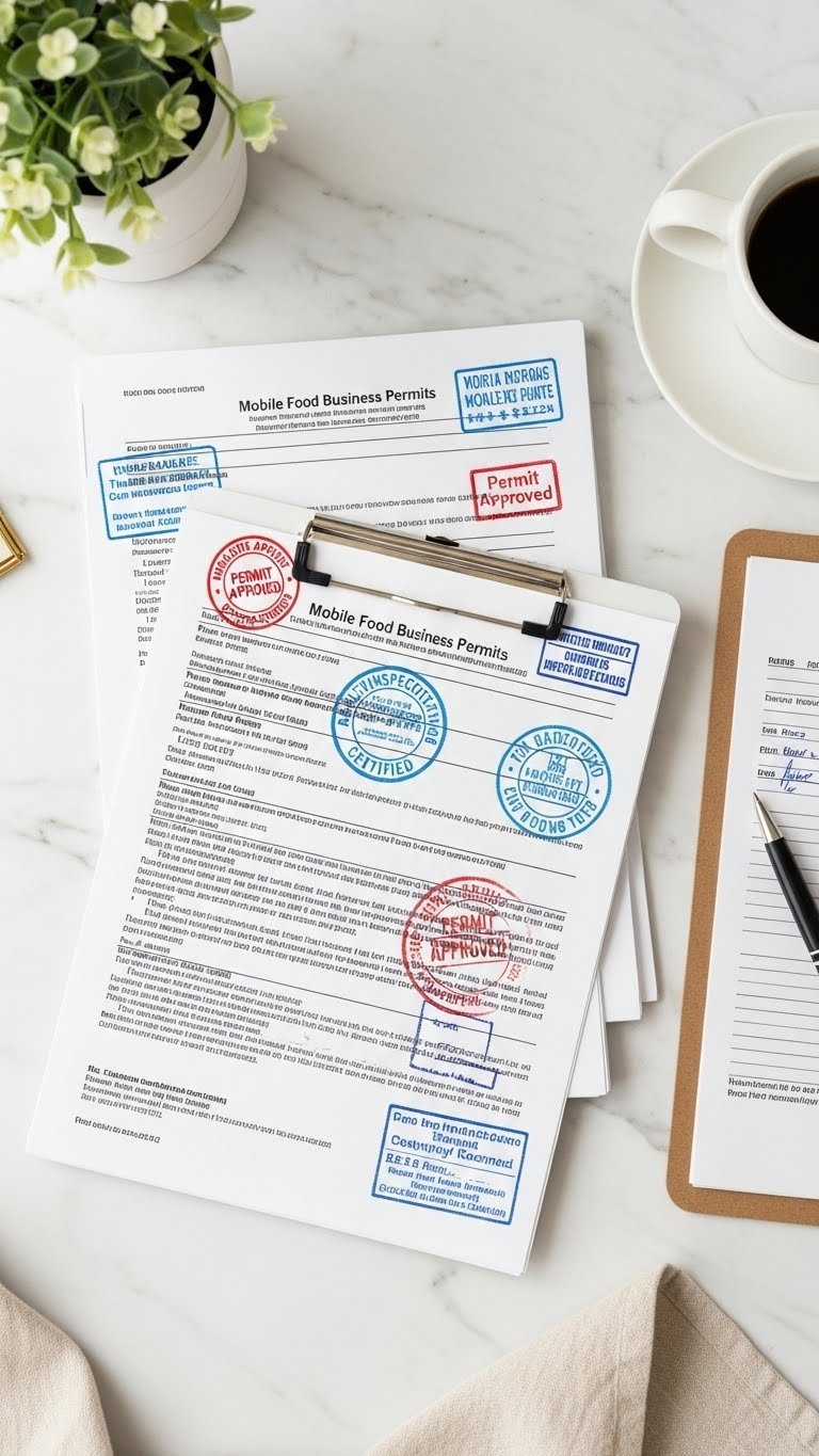 Stack of official mobile food business permits with colorful stamps and clipboard on marble surface