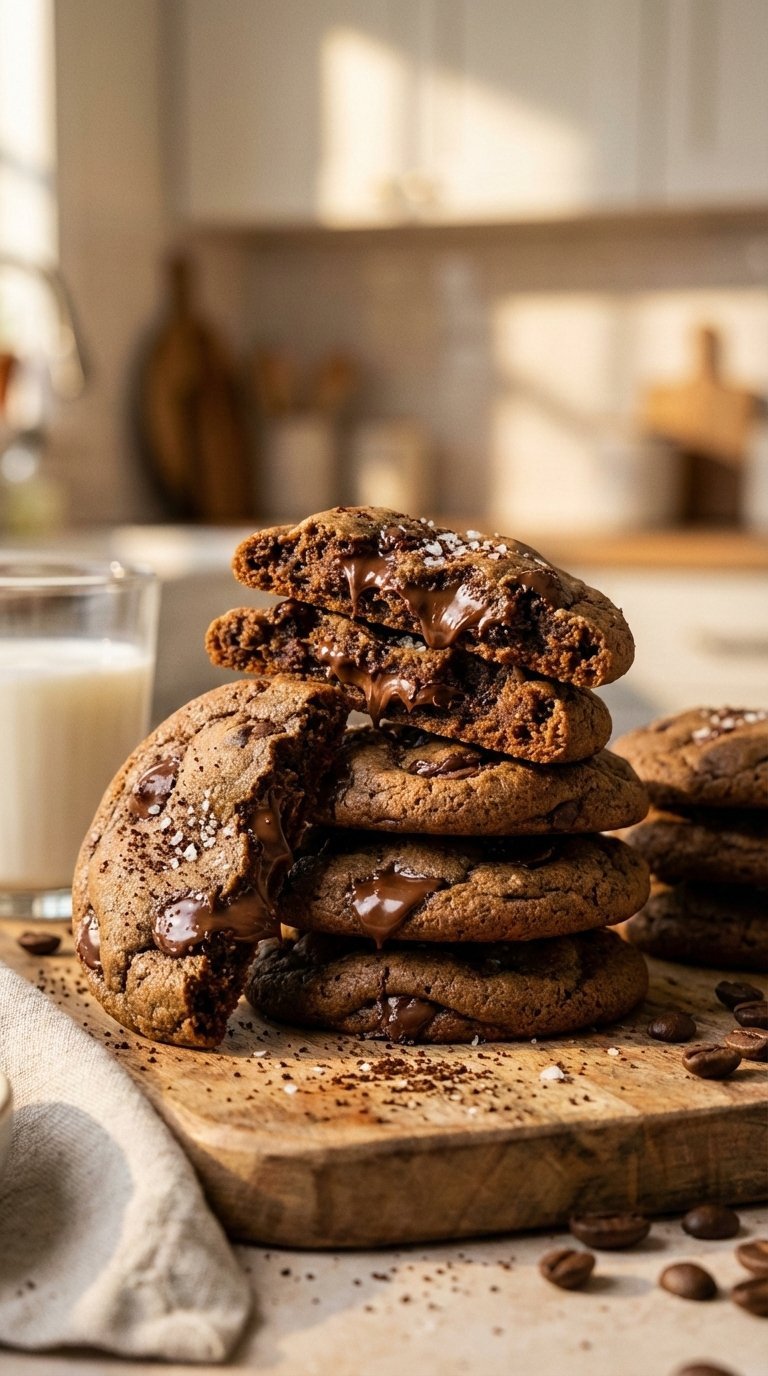 Stack of warm coffee chocolate chip cookies with melted chocolate chips on rustic wooden table with glass of milk and coffee beans.
