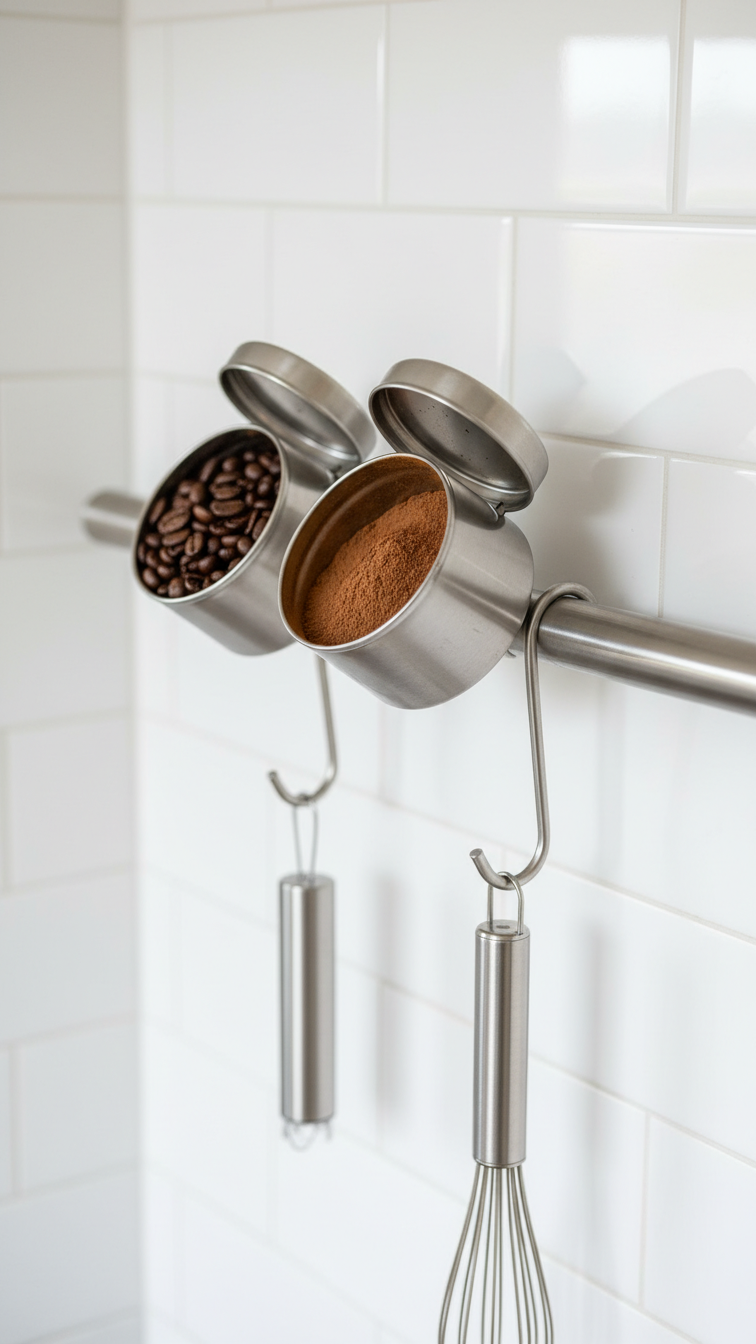 Stainless steel magnetic rail system organizing coffee supplies with magnetic tins on white tile backsplash