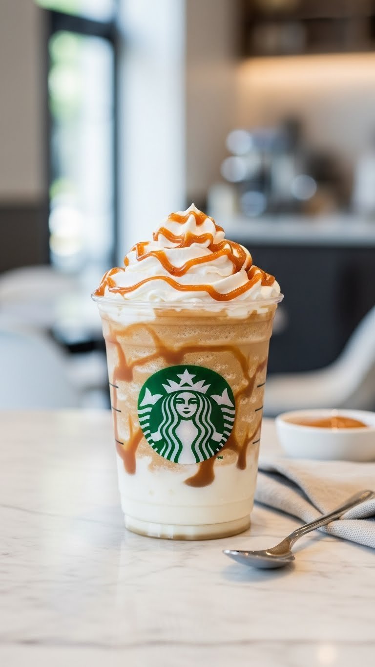 Starbucks Caramel Macchiato Frappuccino with whipped cream and caramel drizzle in clear cup on marble countertop