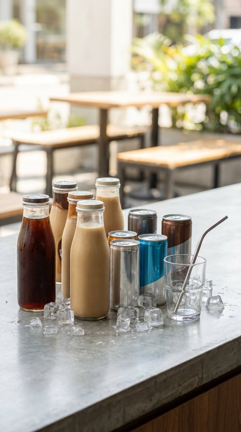 Starbucks Frappuccino bottles and espresso cans chilling on cool surface with ice cubes and glass