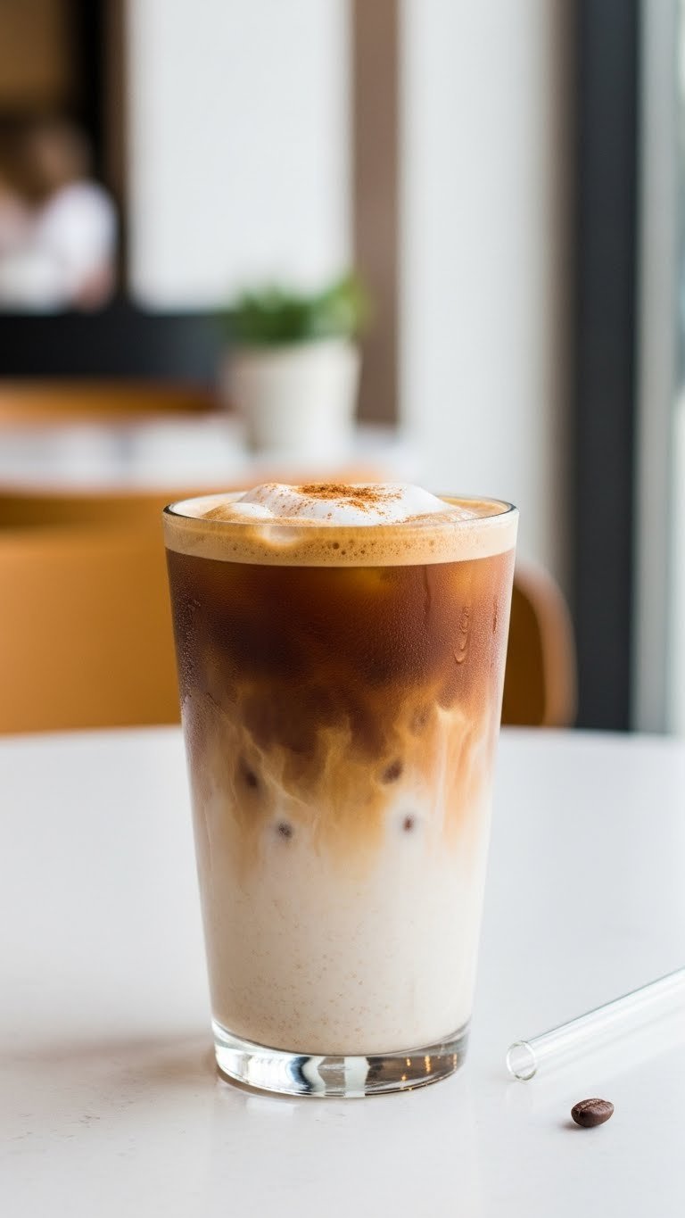 Starbucks Iced Brown Sugar Oatmilk Shaken Espresso with cinnamon topping showing layered gradient in clear glass