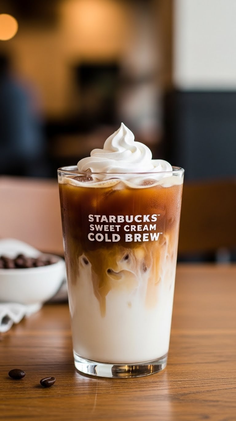 Starbucks Vanilla Sweet Cream Cold Brew showing dark coffee layered with creamy vanilla sweet cream on rustic wooden table