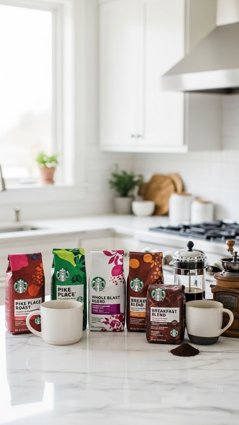Starbucks whole bean and ground coffee bags arranged on marble countertop with French press and ceramic mug