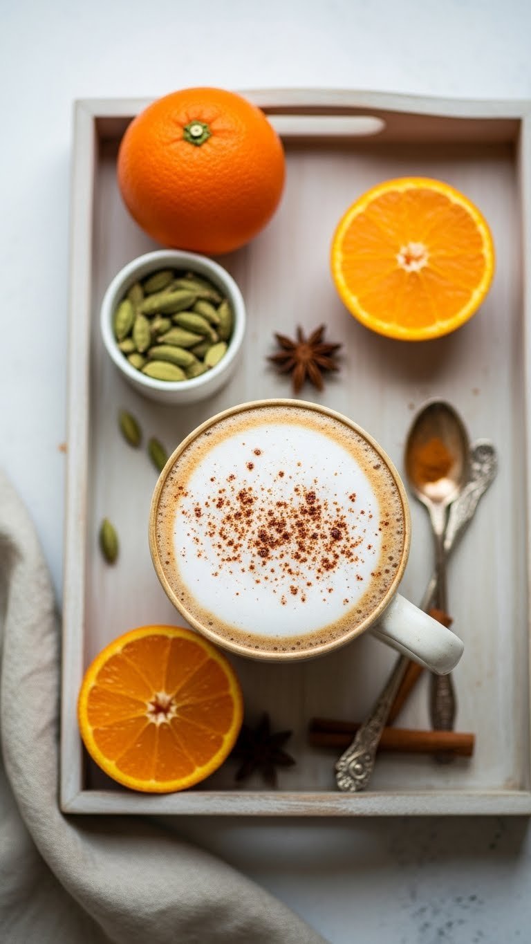 Steaming chai latte adaptogen coffee with frothy top and chai spice pattern on light rustic wooden tray