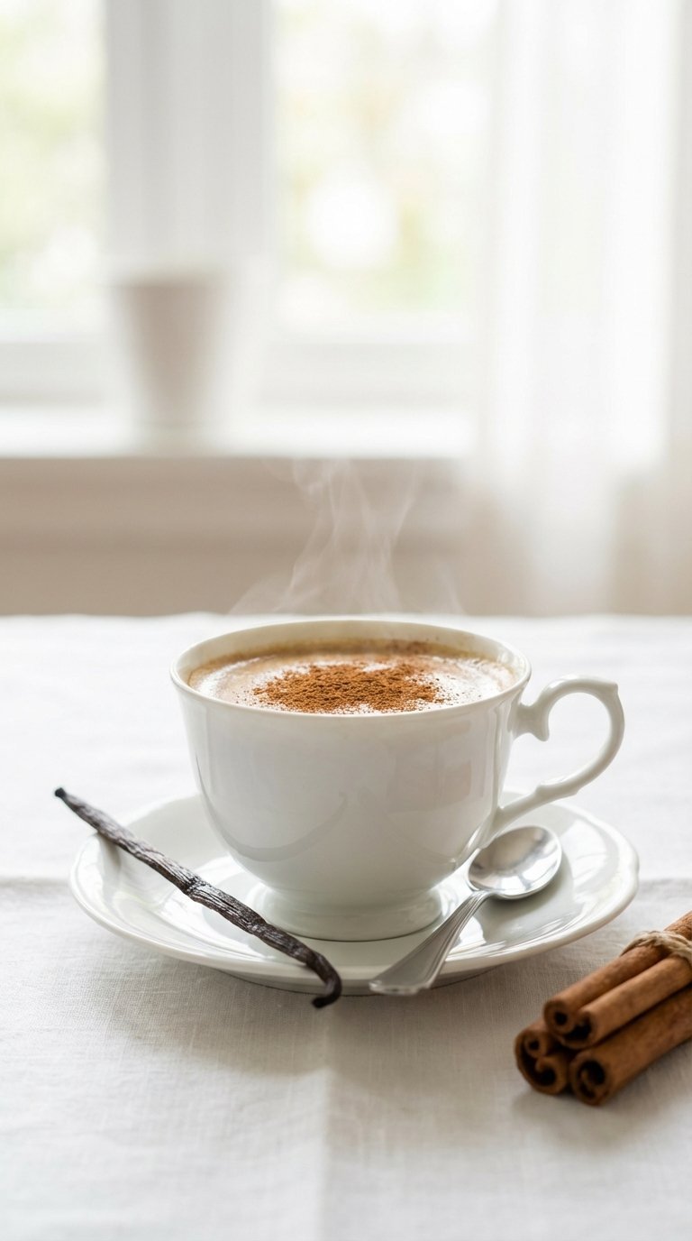 Steaming cinnamon vanilla coffee in porcelain cup with vanilla bean pod and cinnamon dusting