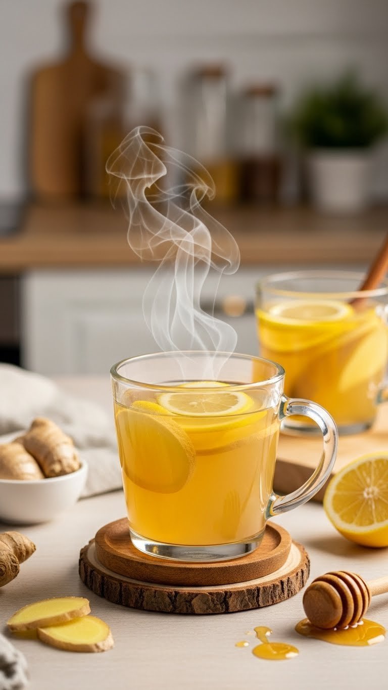 Steaming ginger lemon tea with fresh slices in clear mug on rustic wooden coaster in cozy kitchen