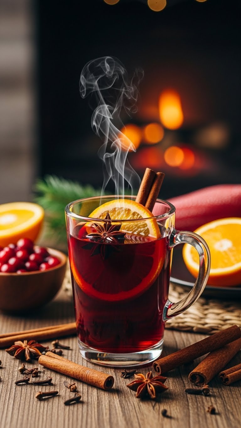 Steaming glass mug of classic mulled wine with orange slice, cinnamon stick, and star anise garnish on rustic wooden table