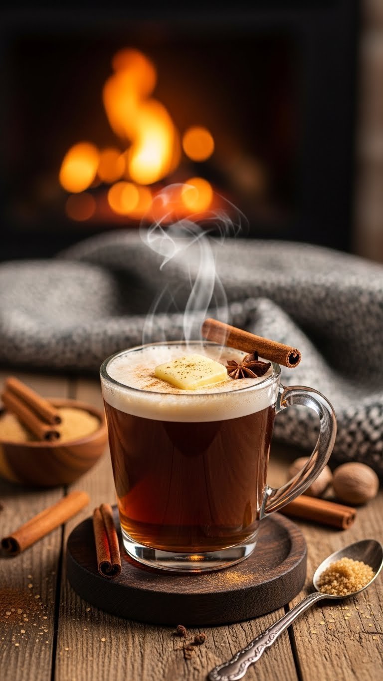 Steaming hot buttered rum in clear glass mug with melting butter pat and cinnamon stick garnish