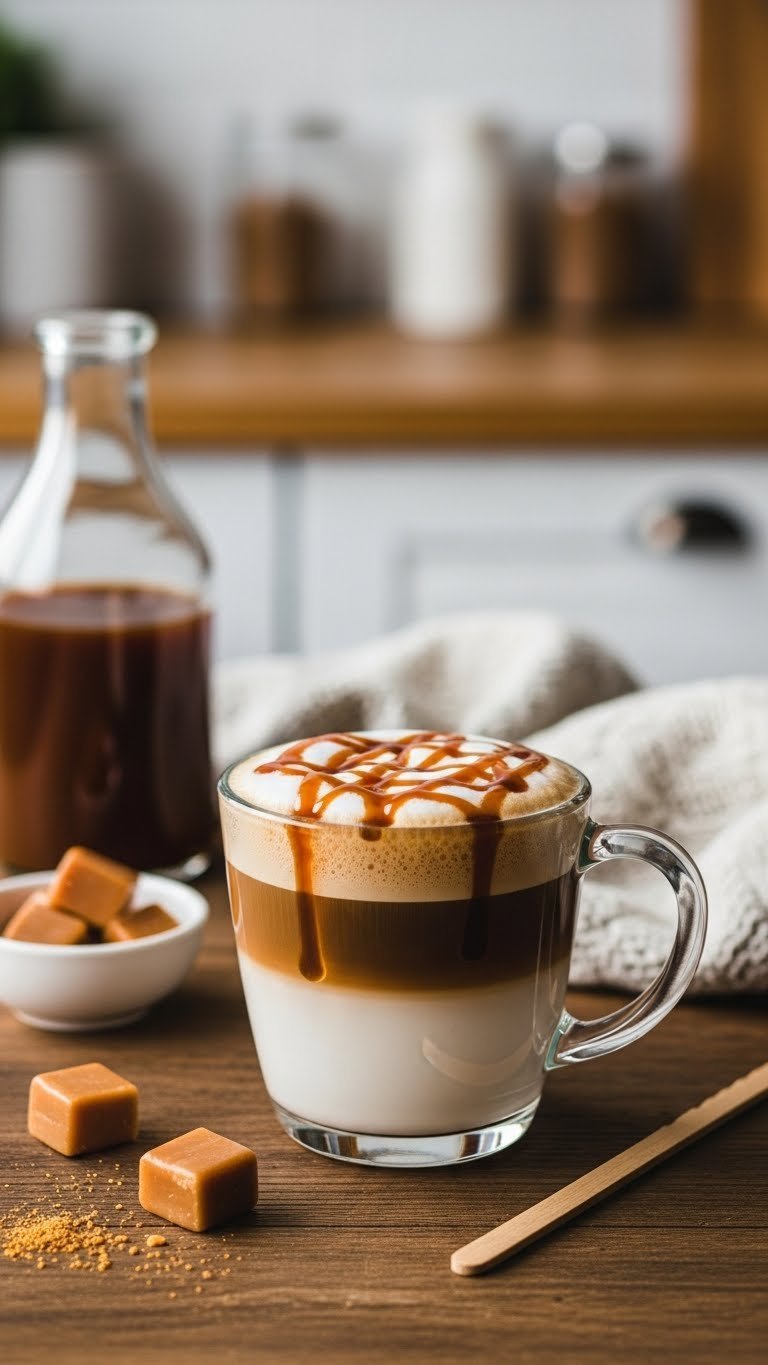 Steaming hot caramel macchiato in clear glass mug with layered espresso and caramel drizzle on rustic wooden table.