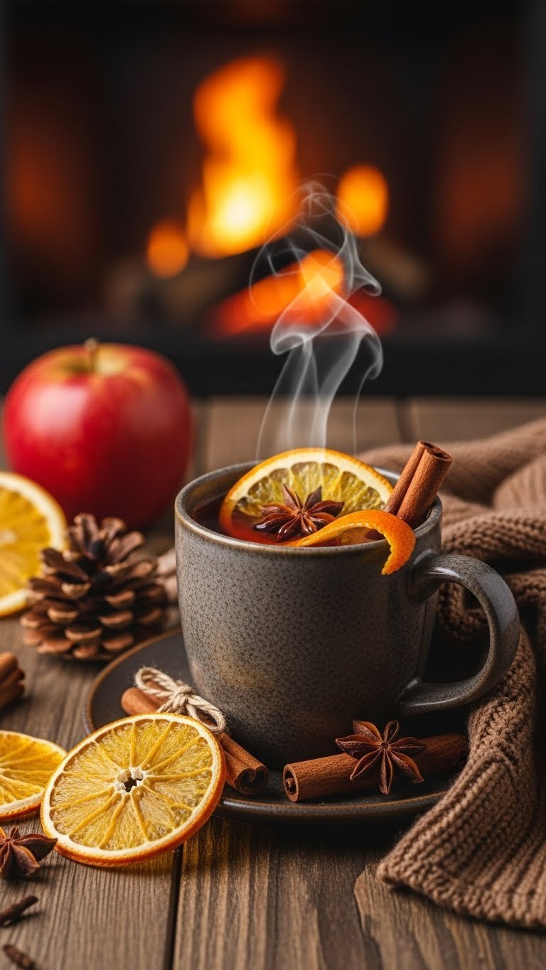Steaming hot spiced apple cider in rustic ceramic mug with cinnamon stick, orange peel, and star anise garnish