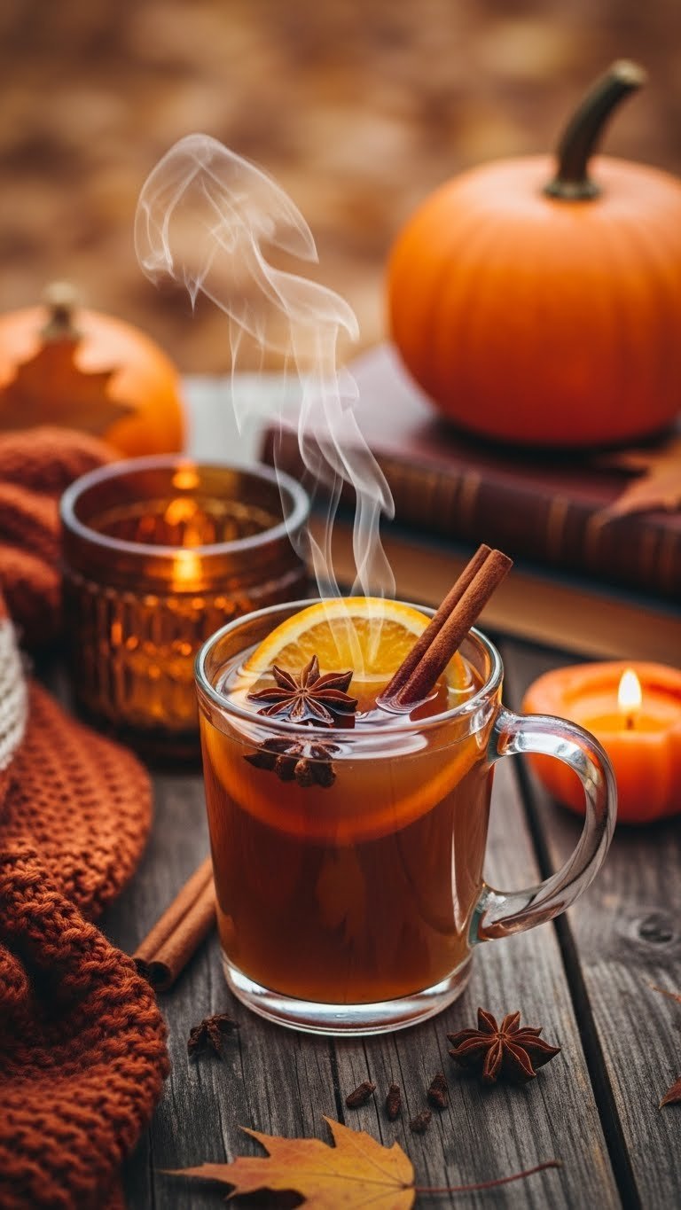 Steaming mug of amber spiced cider with cinnamon stick, star anise pods, and orange slice against autumn foliage