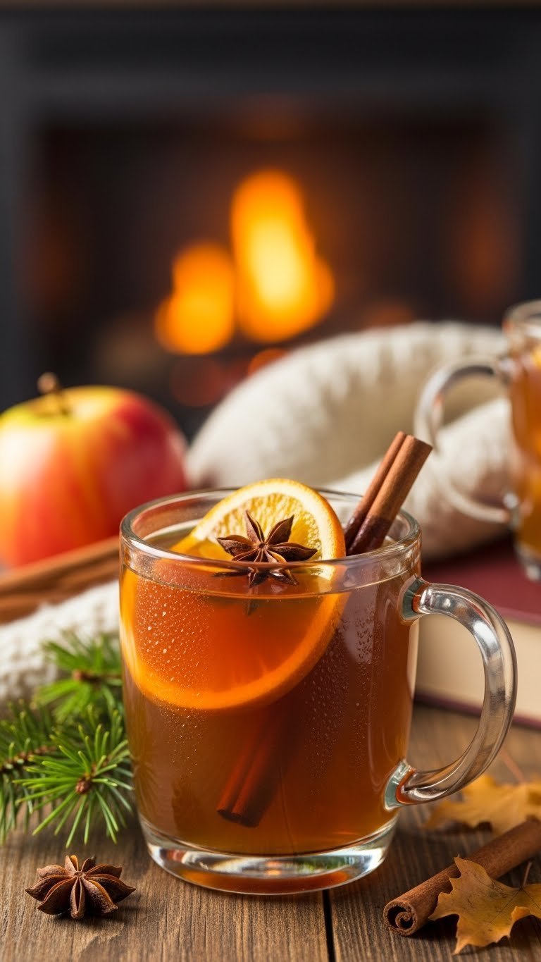 Steaming mug of classic spiced apple cider with cinnamon stick and star anise garnish on rustic wooden table