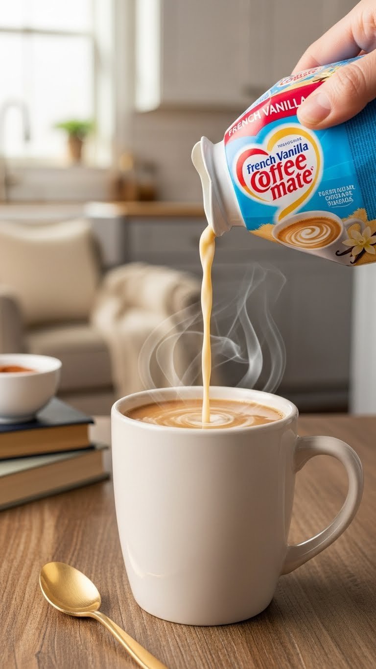 Steaming mug of coffee with French Vanilla creamer being poured onto rustic wooden table in warm natural light