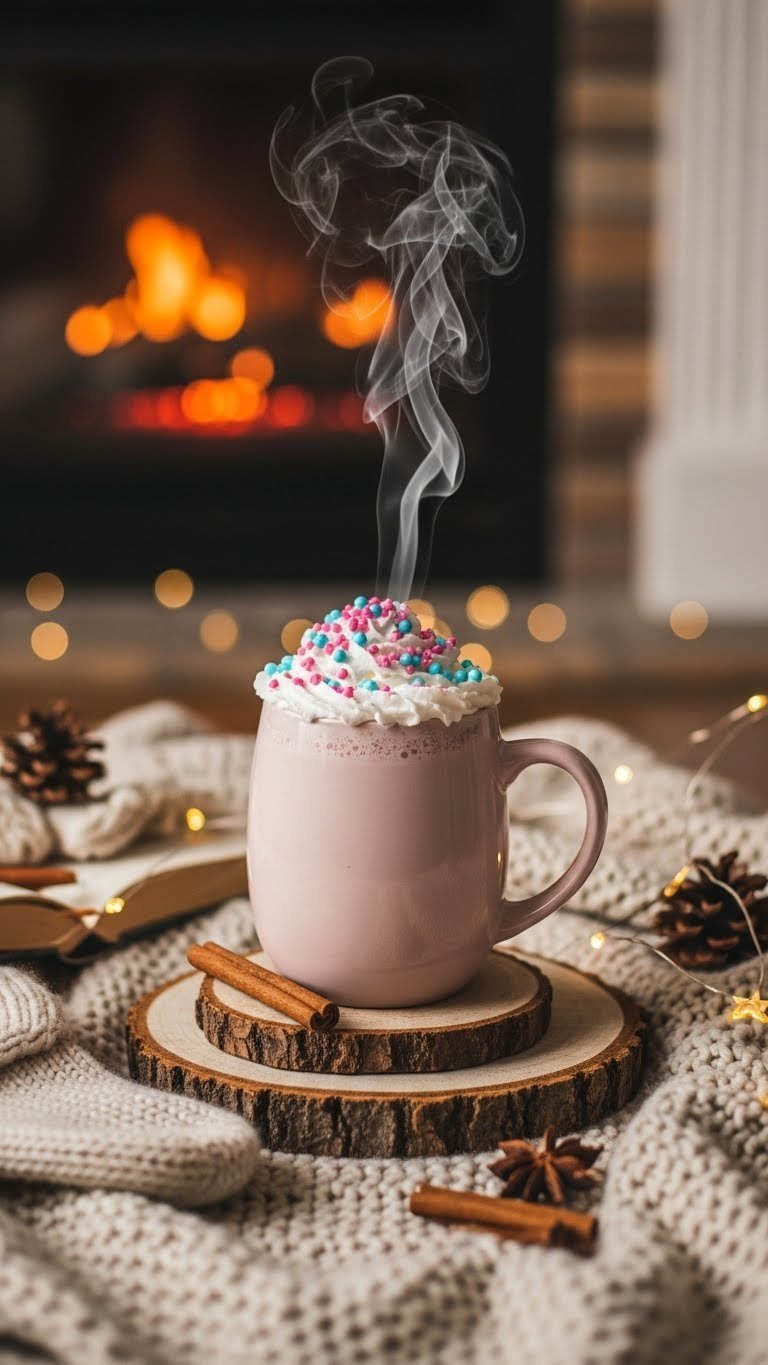 Steaming mug of creamy pink hot cocoa topped with whipped cream and edible pearls on cozy knitted blanket