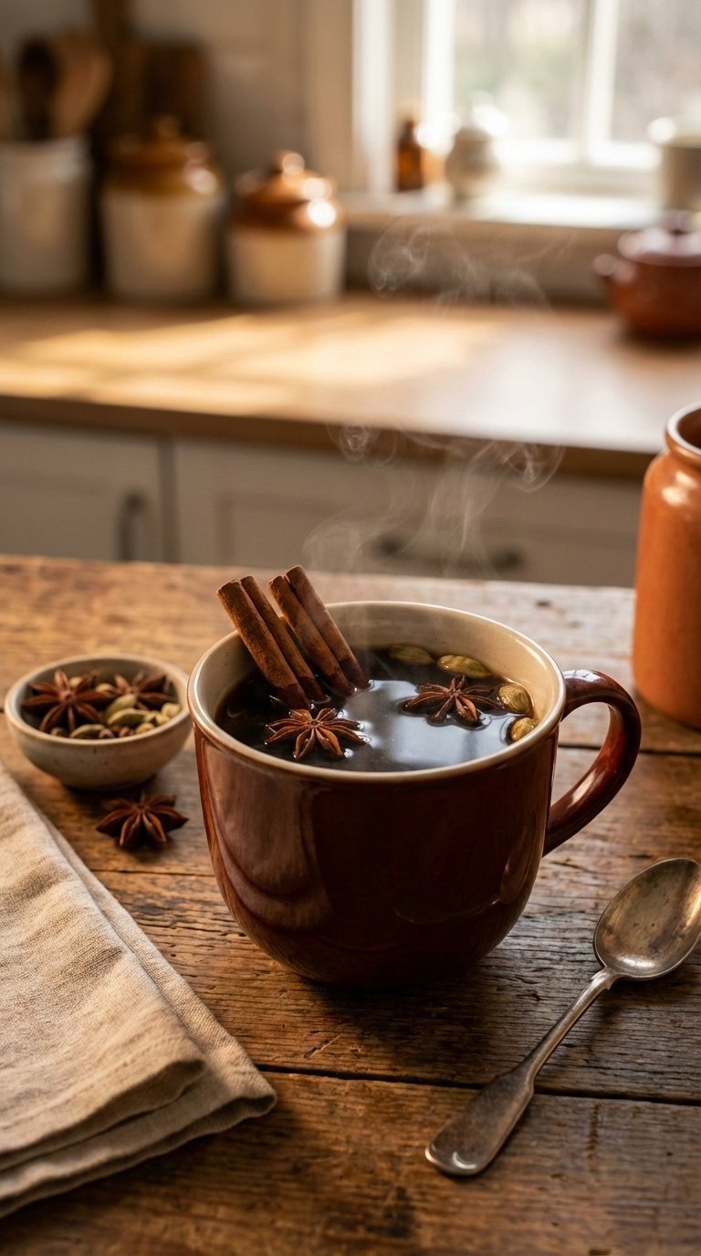 Steaming mug of dark coffee infused with whole cinnamon sticks, star anise, and cardamom pods on rustic wooden table