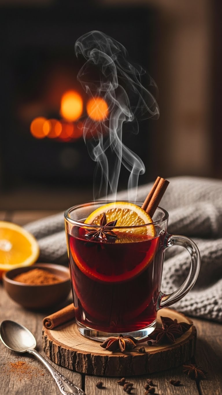 Steaming mug of deep red mulled wine garnished with orange slice, star anise, and cinnamon stick