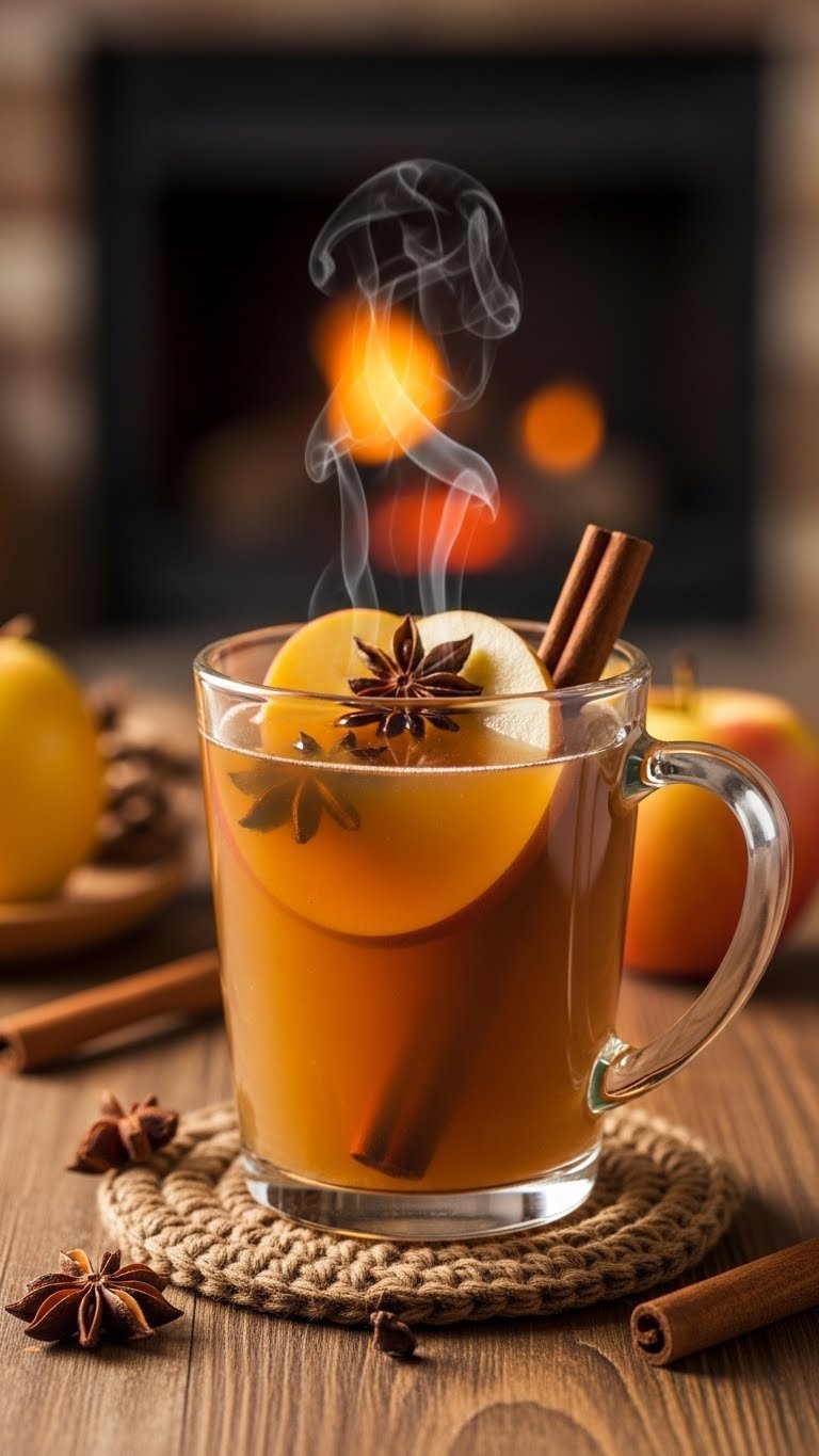 Steaming mug of golden-amber spiced apple cider with cinnamon stick garnish on rustic wooden table in cozy setting