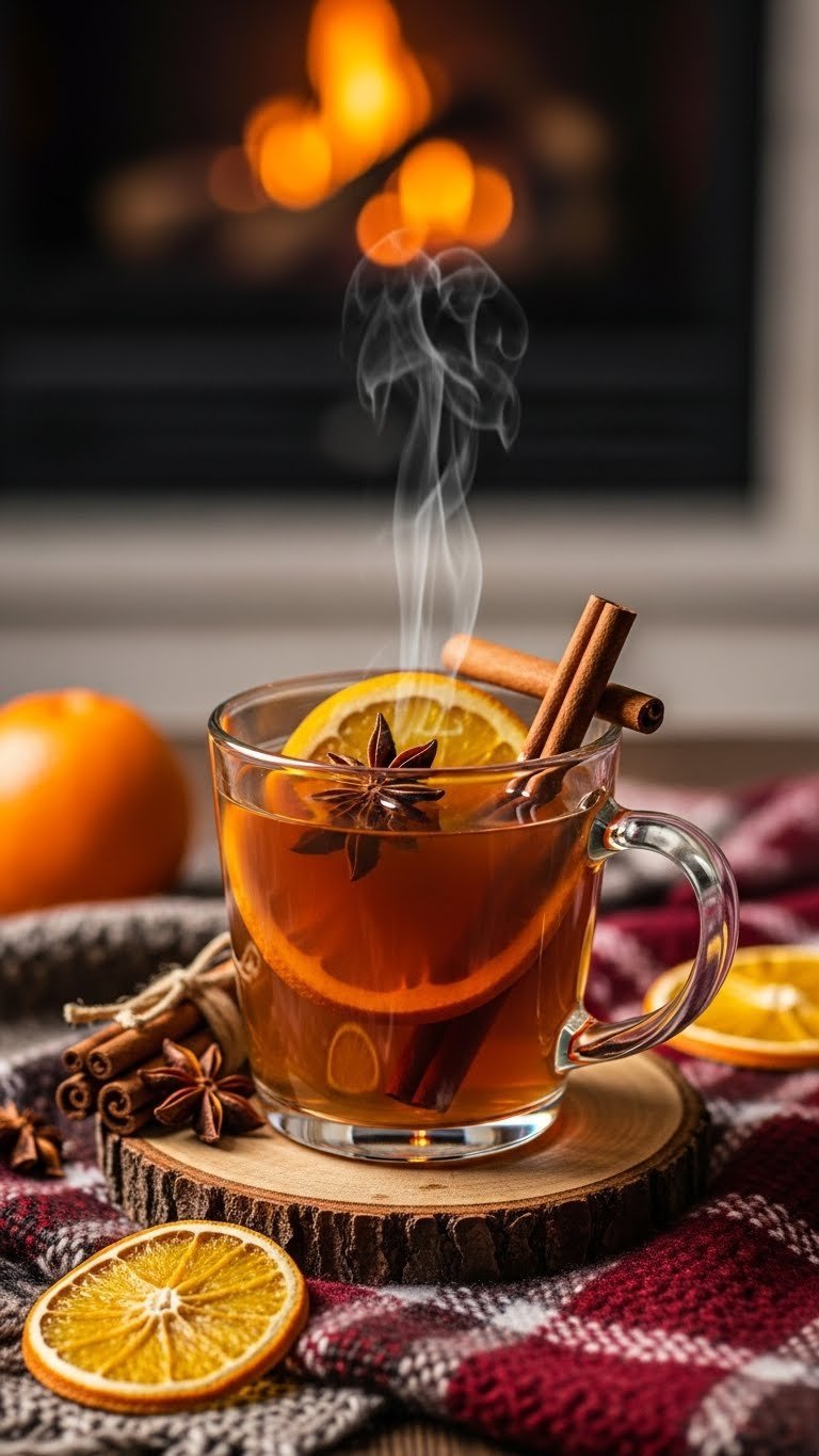 Steaming mug of warm spiced apple cider with cinnamon stick and orange slice garnish on rustic wooden coaster