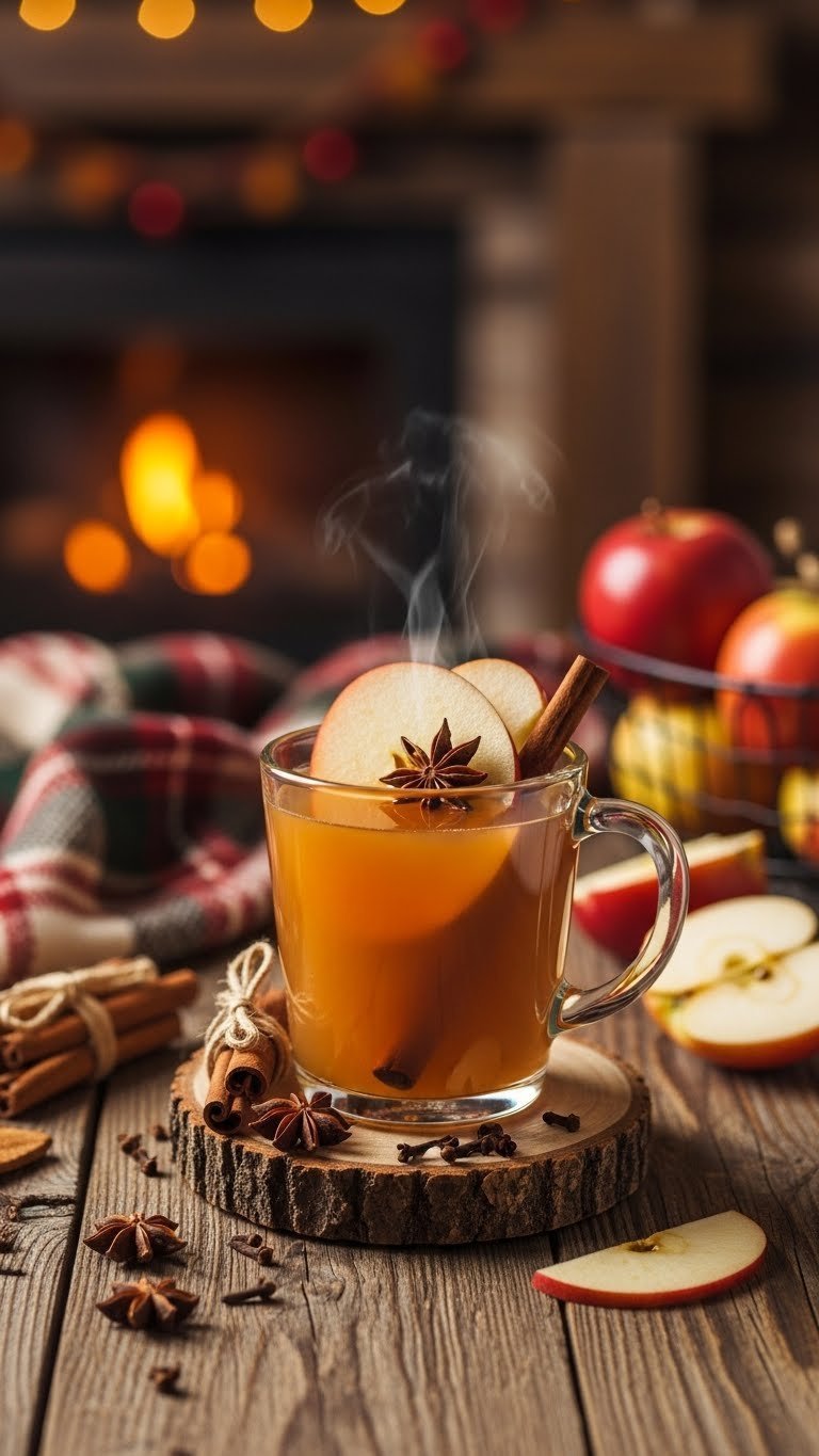 Steaming mug of warm spiced apple cider with cinnamon stick, star anise, and apple slice garnish