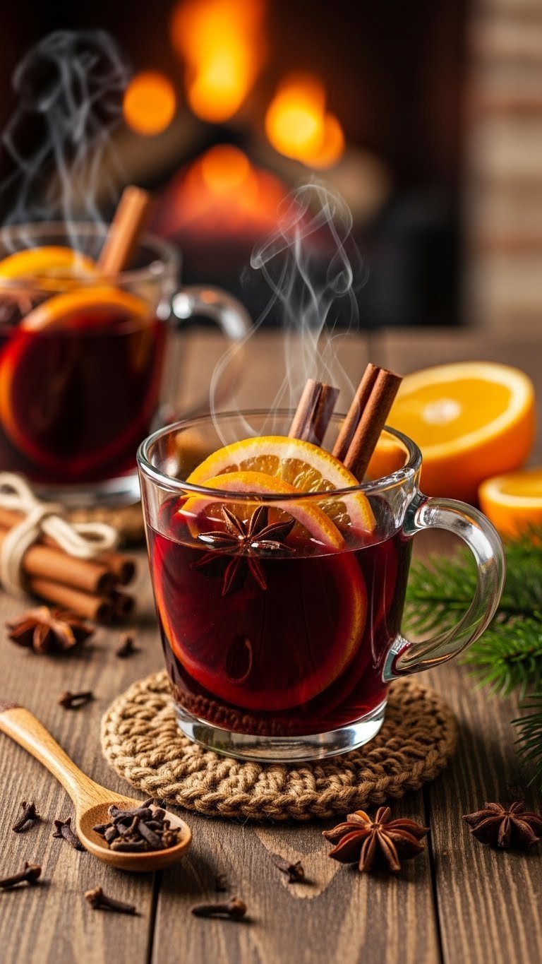 Steaming non-alcoholic mulled wine in clear glass mug with orange slices, cinnamon sticks, and star anise