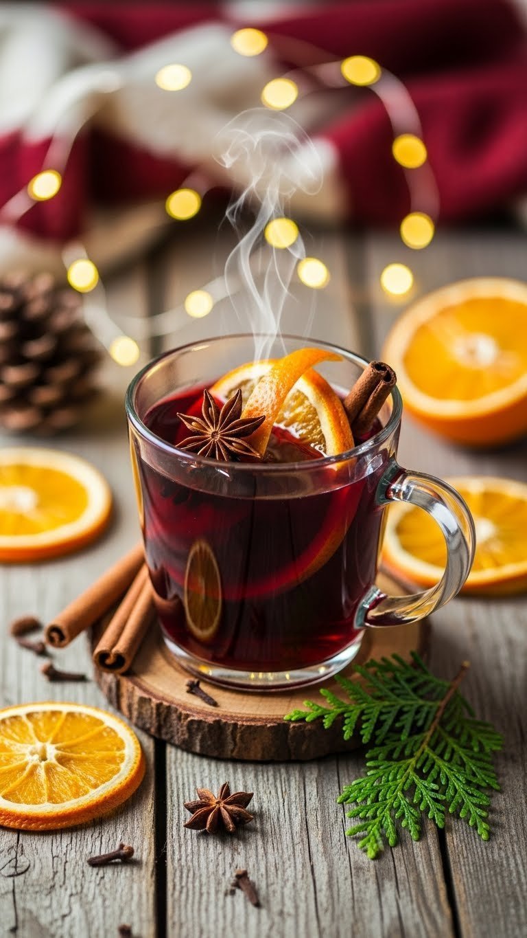 Steaming spiced mulled wine in rustic ceramic mug with star anise, cinnamon stick, and orange peel garnish
