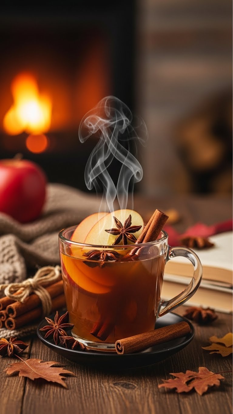 Steaming warm apple cider spice in cozy mug garnished with cinnamon sticks and apple slices