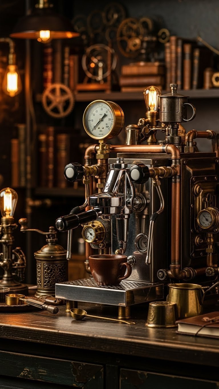 Steampunk-inspired industrial brew corner with copper piping and vintage gauges in dark moody aesthetic