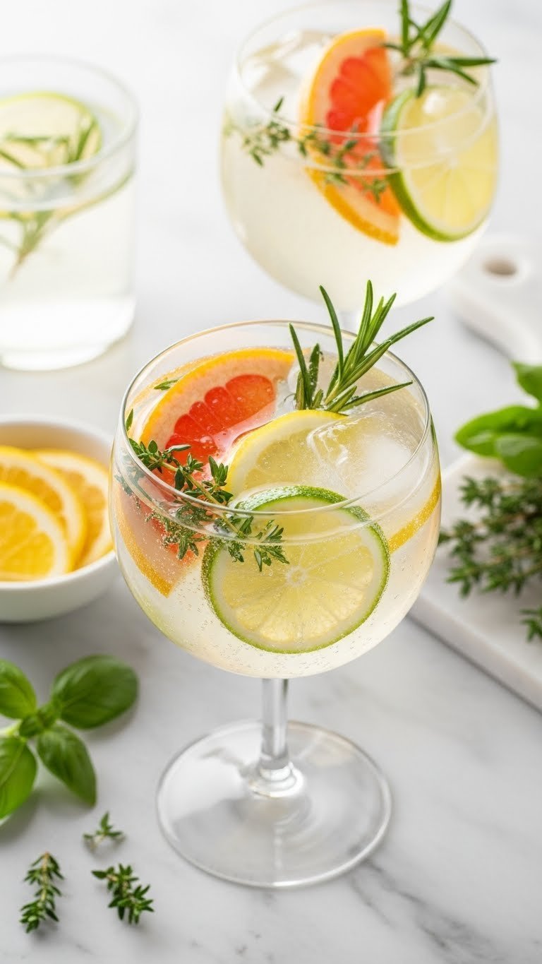 Stemmed glass filled with citrus herb spritzer featuring lemon, lime, grapefruit slices and rosemary, thyme, basil sprigs