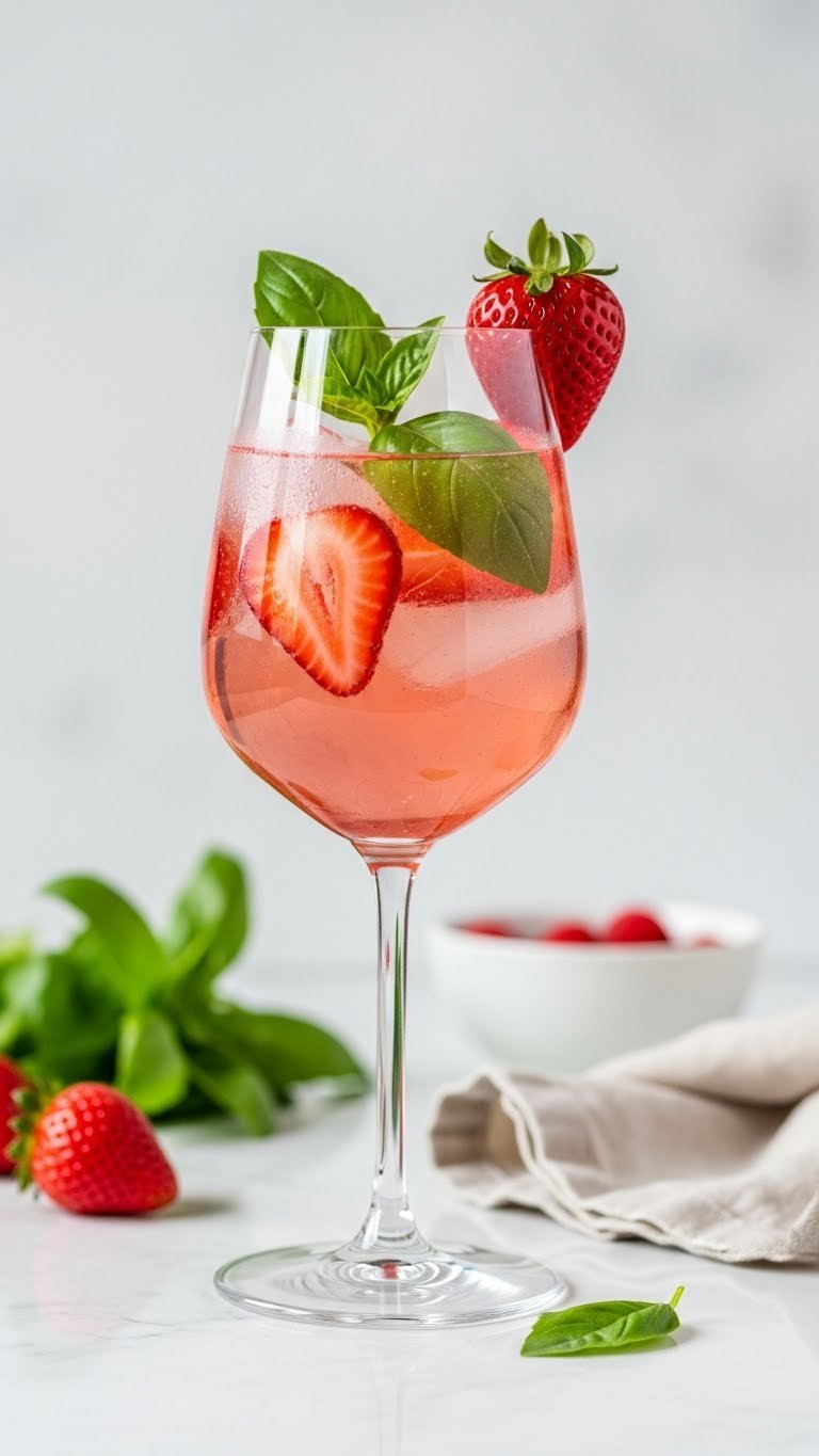 Stemmed wine glass with pale pink strawberry basil white wine spritzer garnished with fruit slices