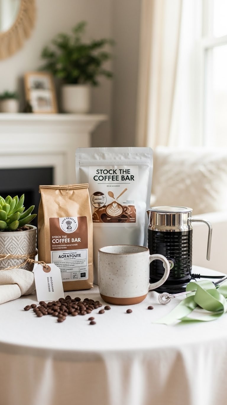 'Stock the Coffee Bar' gift table featuring ceramic mug, artisanal beans and milk frother arranged neatly