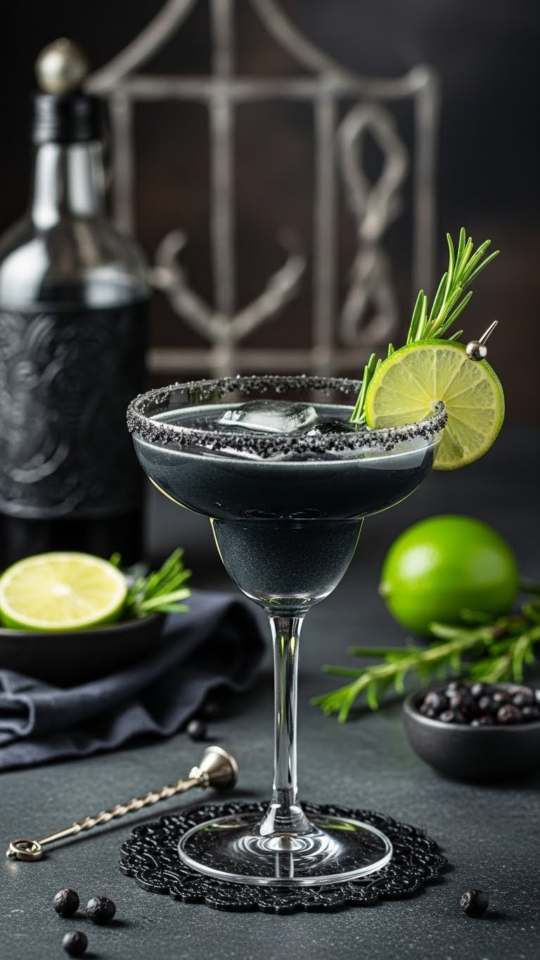Striking black margarita with dark salt rim and lime garnish in classic margarita glass on stone surface