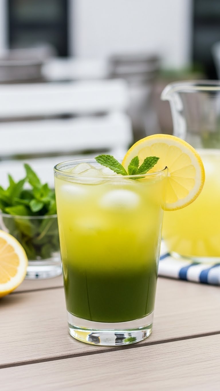 Striking layered matcha lemonade refresher with bright green and yellow colors in clear cup with lemon garnish.