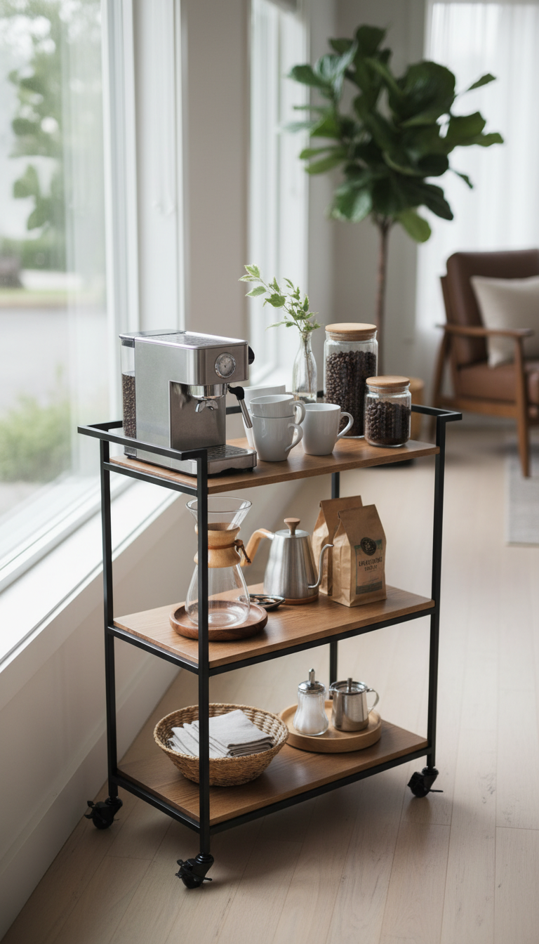 Stylish black metal and wood rolling bar cart with espresso machine and ceramic mugs arranged on light hardwood floor in cozy apartment corner