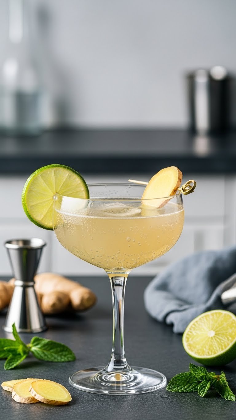 Stylish cocktail glass filled with sparkling golden ginger lime refresher garnished with lime wheel and ginger slice