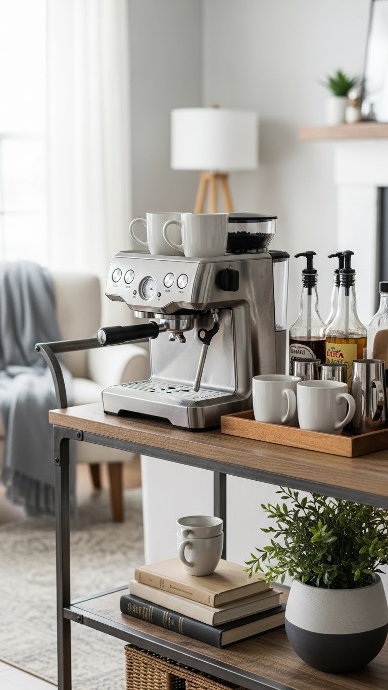Stylish coffee bar cart with metal accents and natural wood elements in living room setting