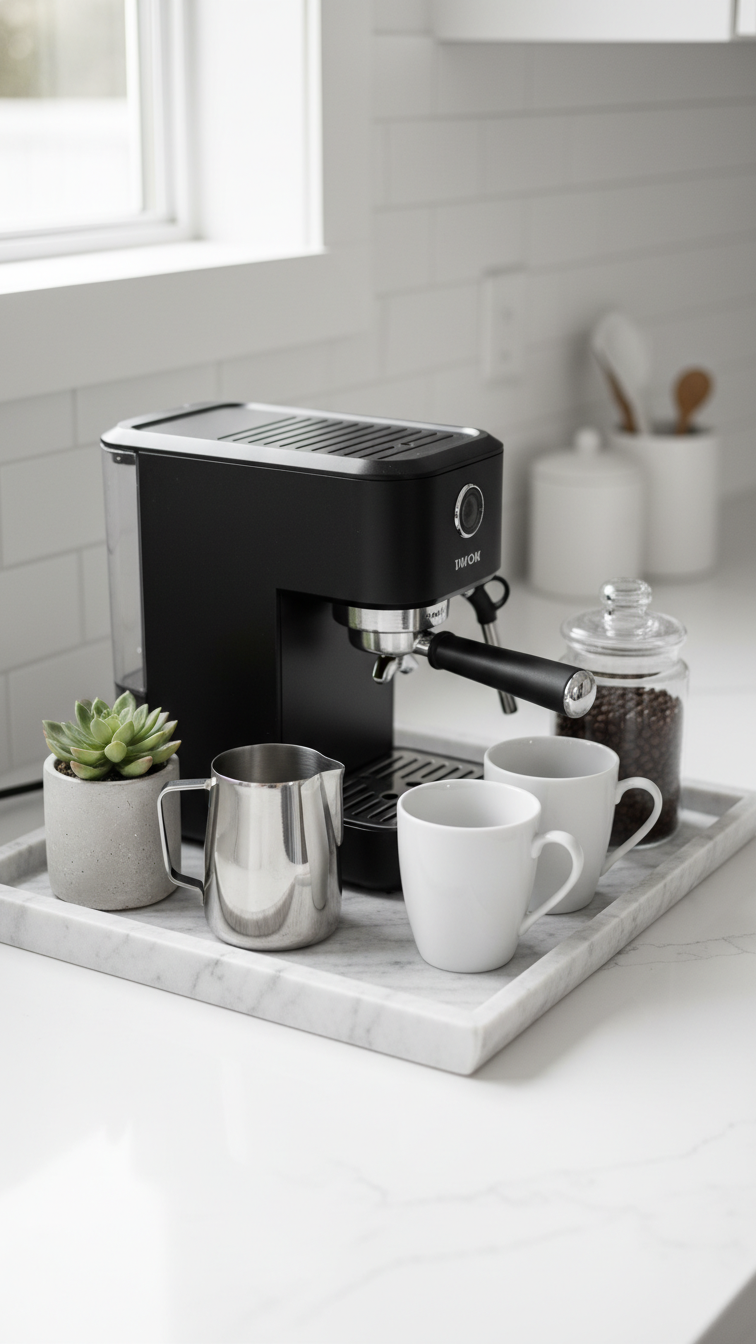 Stylish coffee bar on white quartz countertop with black espresso machine, glass coffee beans, and white ceramic mugs