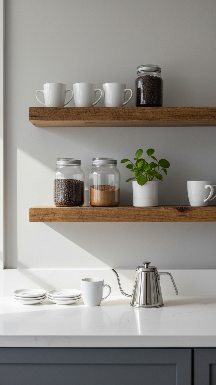 Stylish coffee bar with rustic wood floating shelves holding white ceramic mugs, glass jars of coffee beans, and green plant on light gray wall
