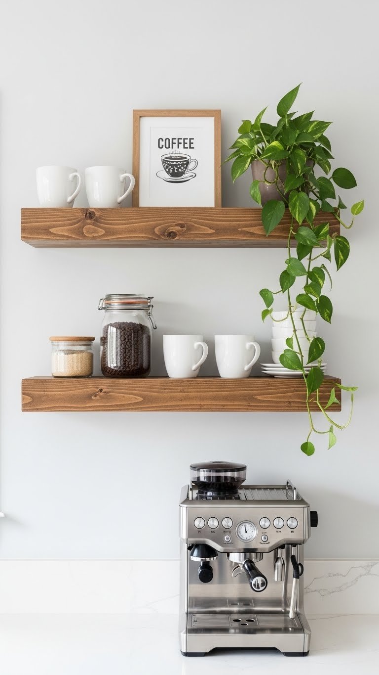 Stylish coffee station with rustic wood floating shelves above espresso machine on light gray wall